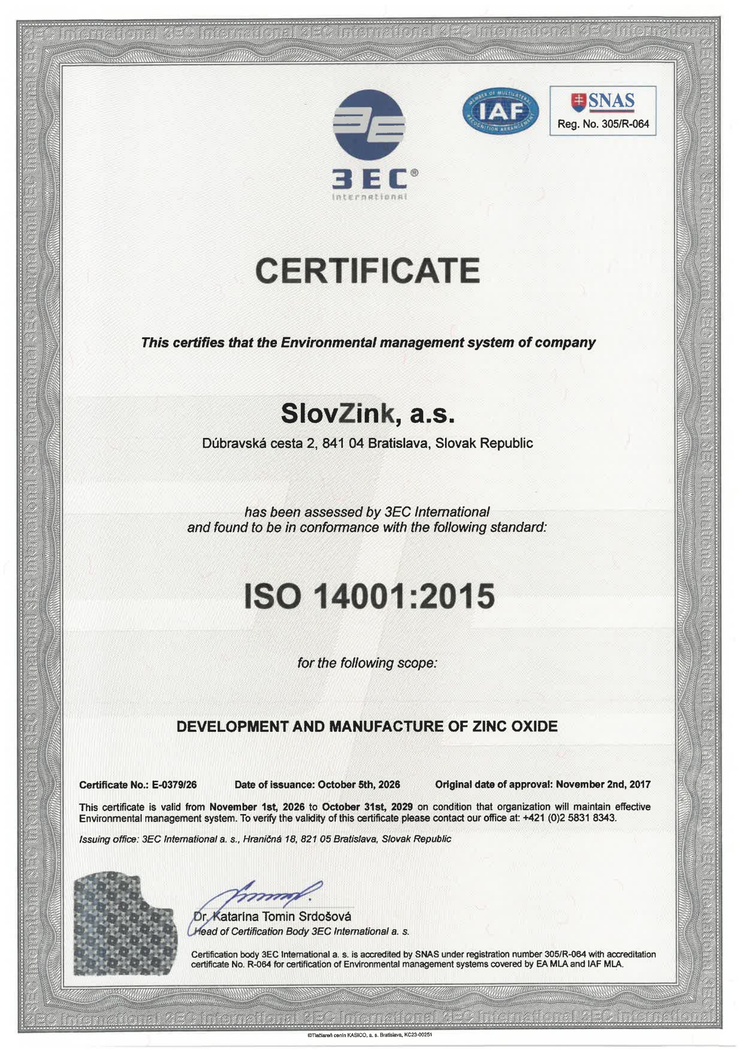 Slovzink ISO 14001:2015 certificate