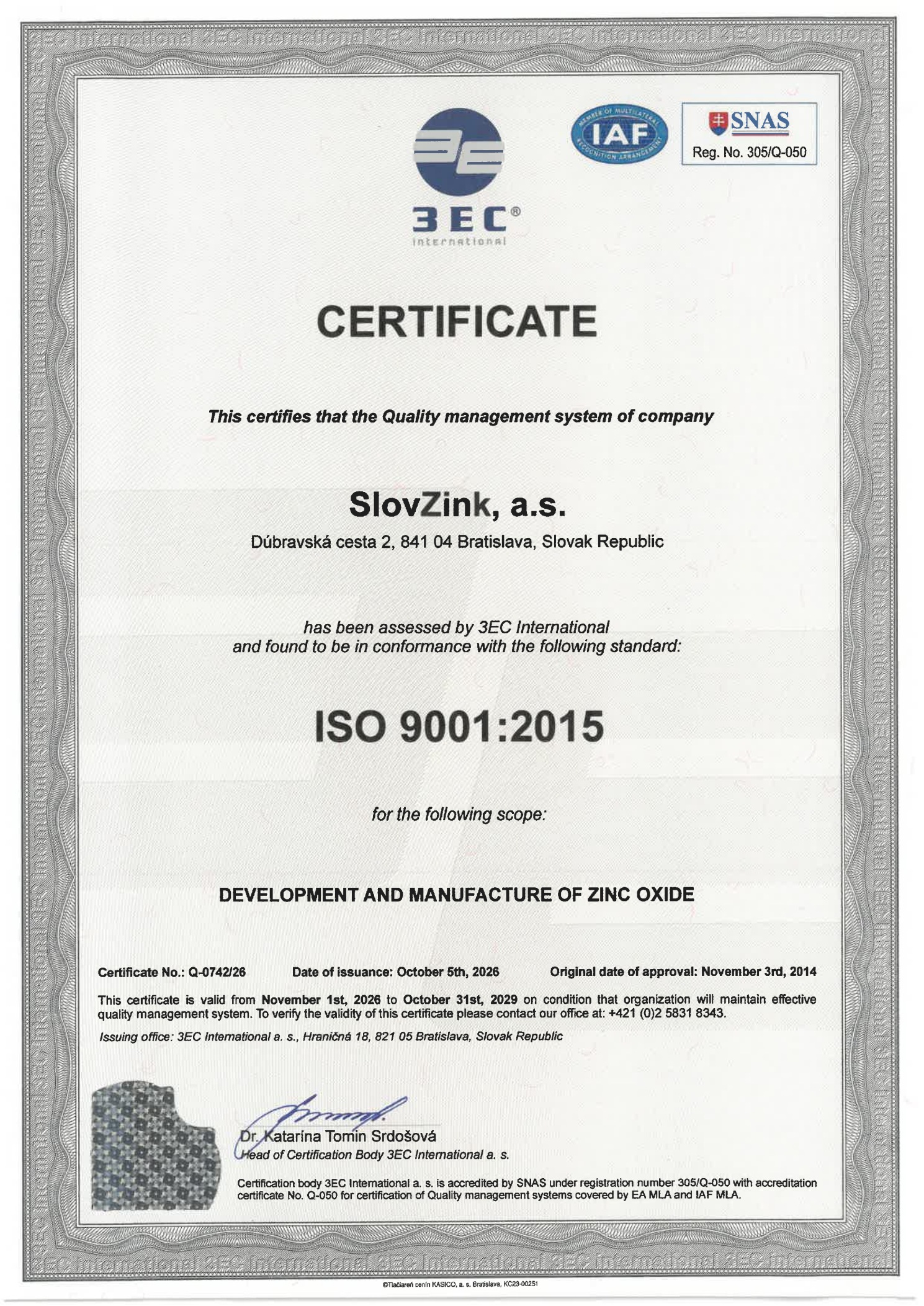 Slovzink ISO 9001:2015 certificate
